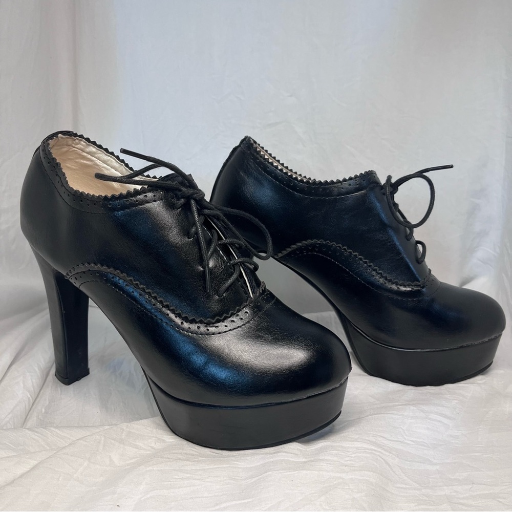 Black Baroque Lace Up Platform Block High Heel Shoes Sz 10.5